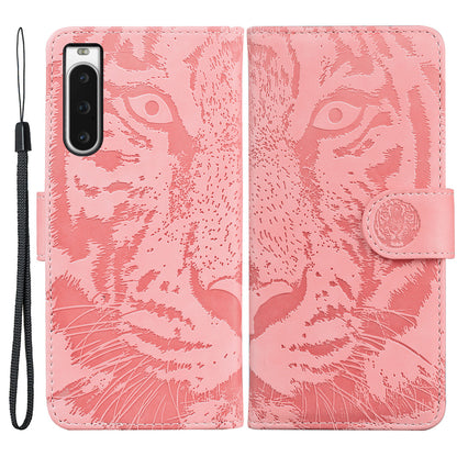 Wallet Phone Case for Sony Xperia 10 V Tiger Pattern Imprinted Stand PU Leather Folio Flip Cover