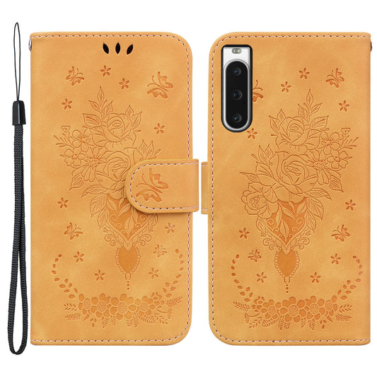 Wallet Leather Case for Sony Xperia 10 V Rose Butterfly Imprinted Stand Phone Cover
