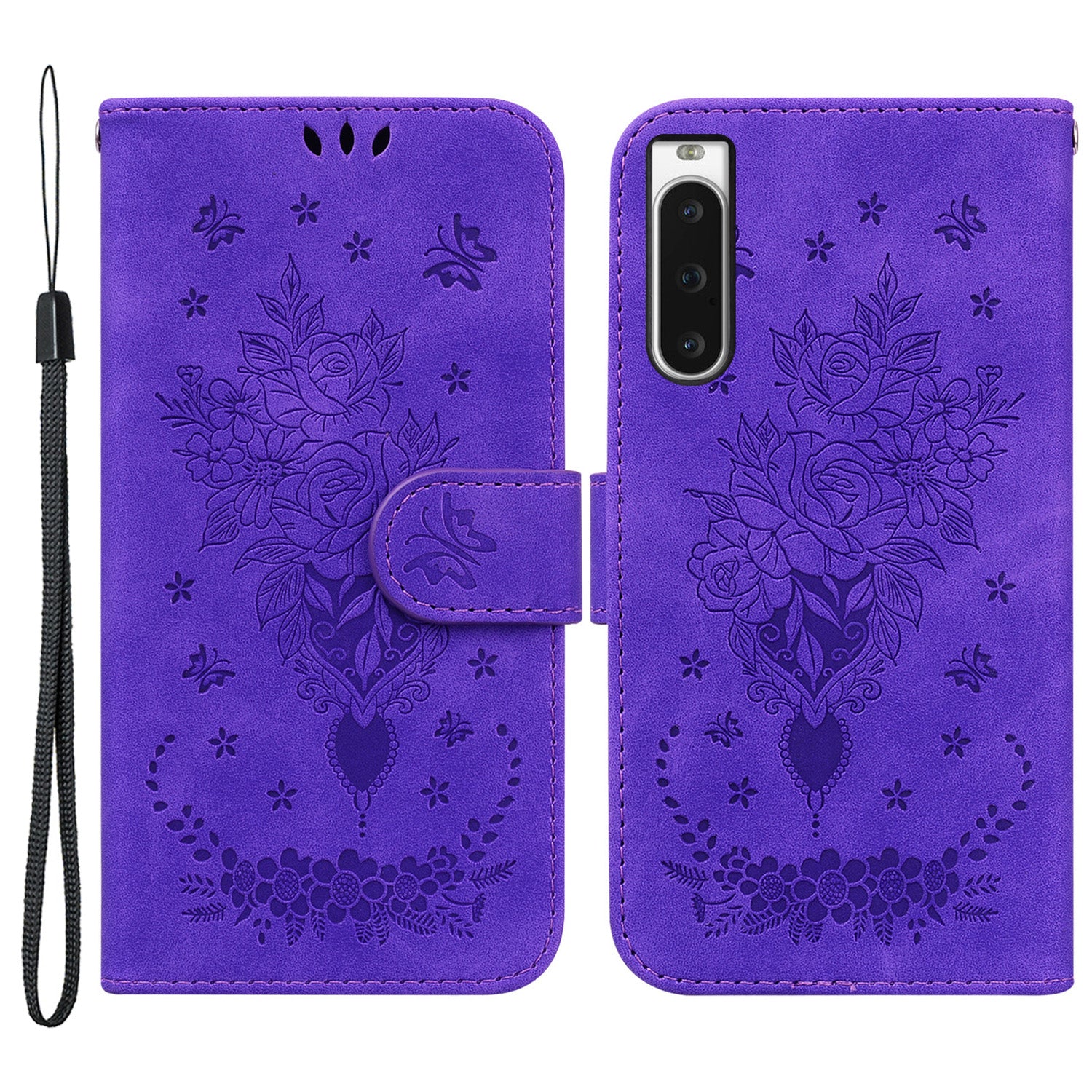 Wallet Leather Case for Sony Xperia 10 V Rose Butterfly Imprinted Stand Phone Cover