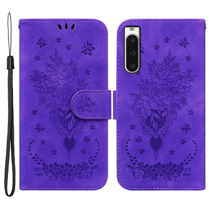 Wallet Leather Case for Sony Xperia 10 V Rose Butterfly Imprinted Stand Phone Cover