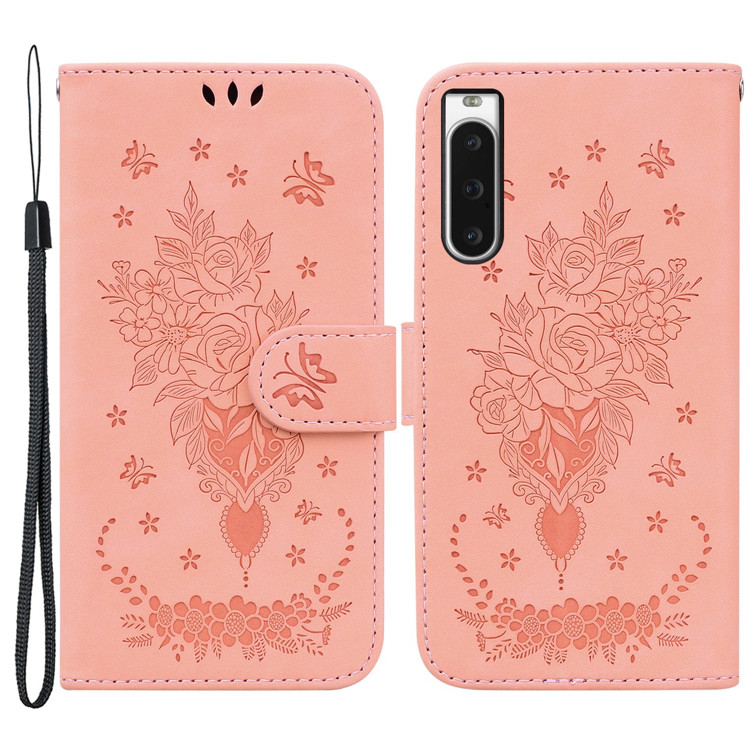 Wallet Leather Case for Sony Xperia 10 V Rose Butterfly Imprinted Stand Phone Cover