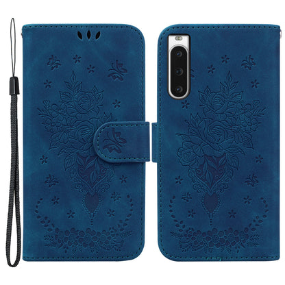 Wallet Leather Case for Sony Xperia 10 V Rose Butterfly Imprinted Stand Phone Cover