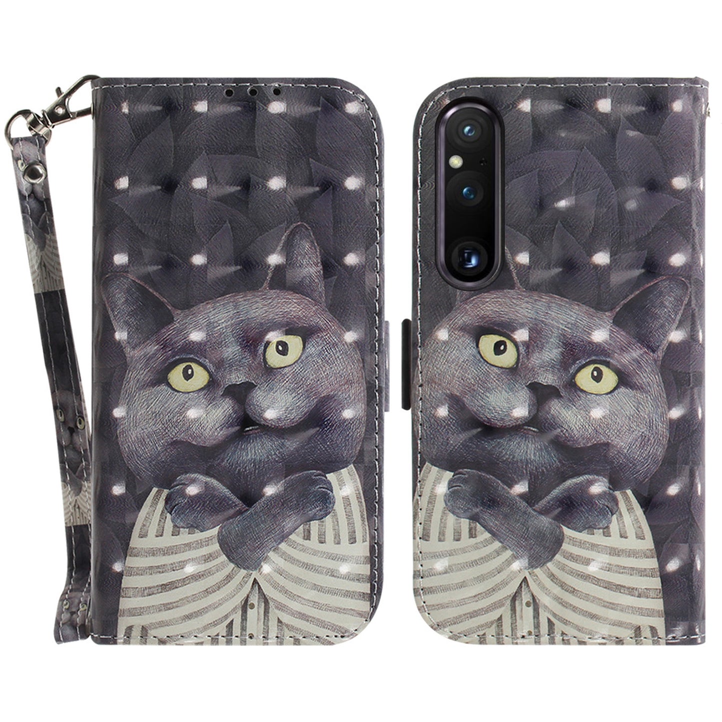 Wallet Phone Case for Sony Xperia 1 V Shockproof Case PU Leather Folio Flip Cover with Strap