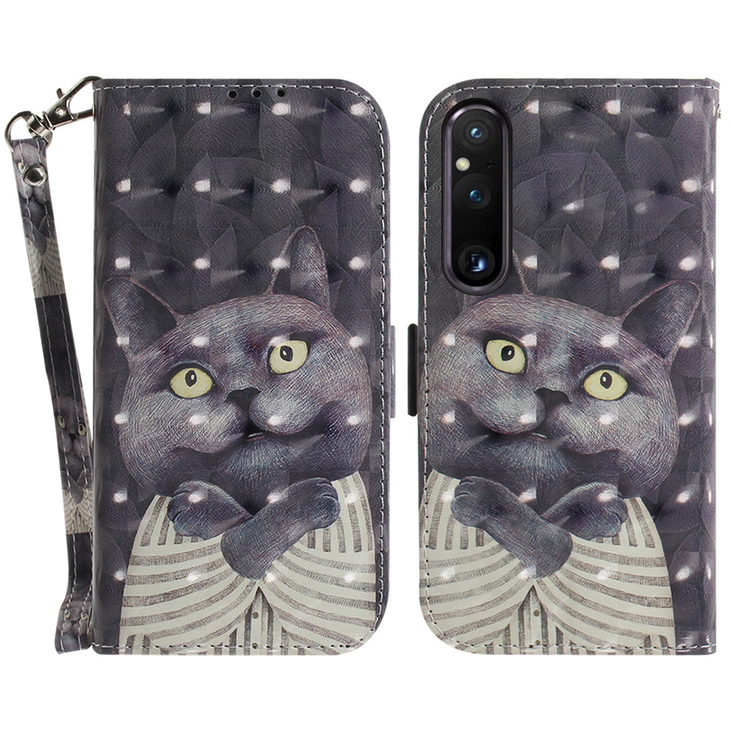 Wallet Phone Case for Sony Xperia 1 V Shockproof Case PU Leather Folio Flip Cover with Strap