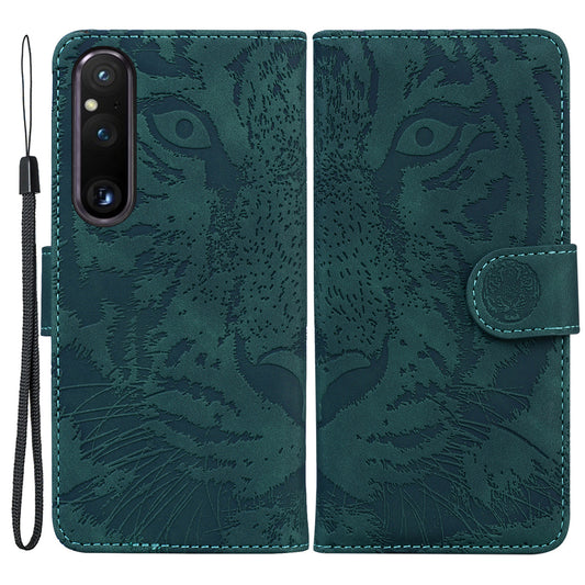 For Sony Xperia 1 V PU Leather Wallet Case Tiger Imprinted Folding Stand Phone Cover