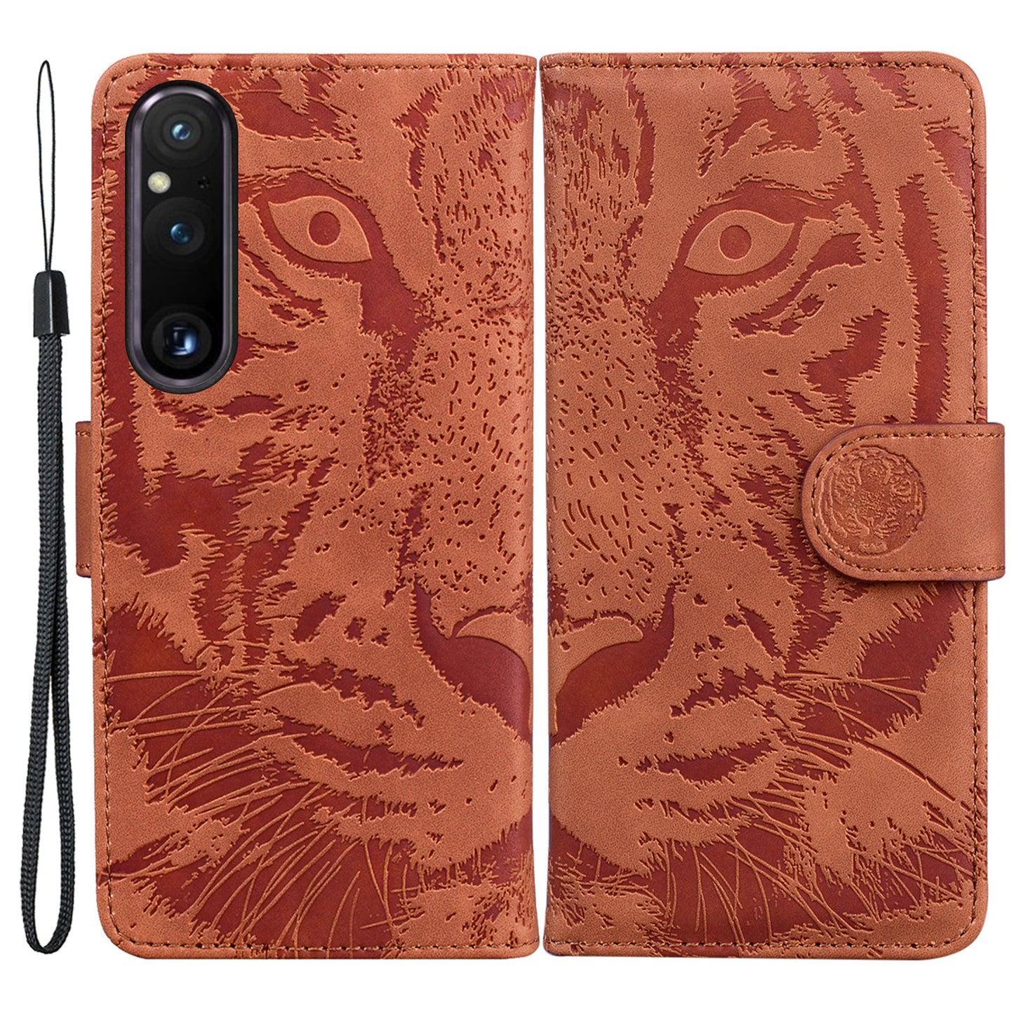 For Sony Xperia 1 V PU Leather Wallet Case Tiger Imprinted Folding Stand Phone Cover
