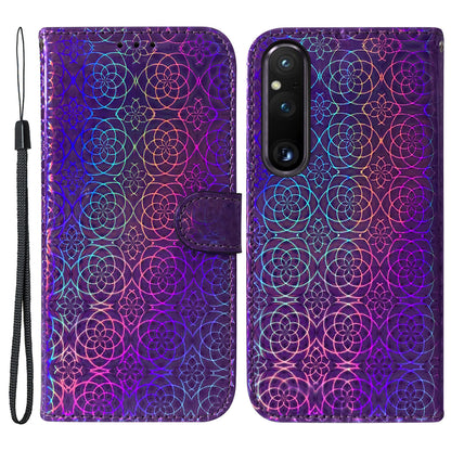 For Sony Xperia 1 V Leather Phone Case Dazzling Flower Pattern Anti-scratch Wallet Stand Cover