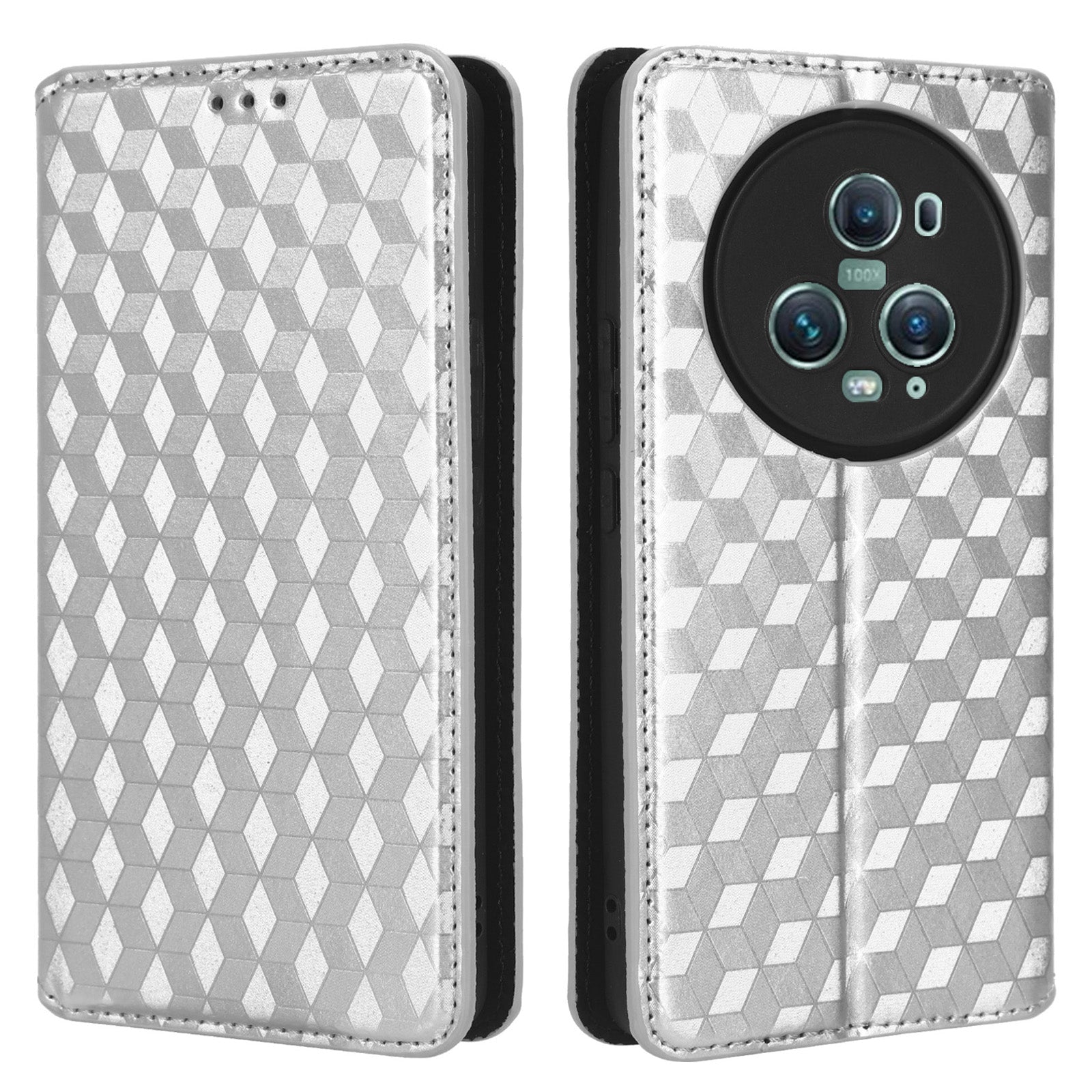For Honor Magic5 Pro Phone Leather Case Imprinted Rhombus Pattern Wallet Stand Protective Phone Cover