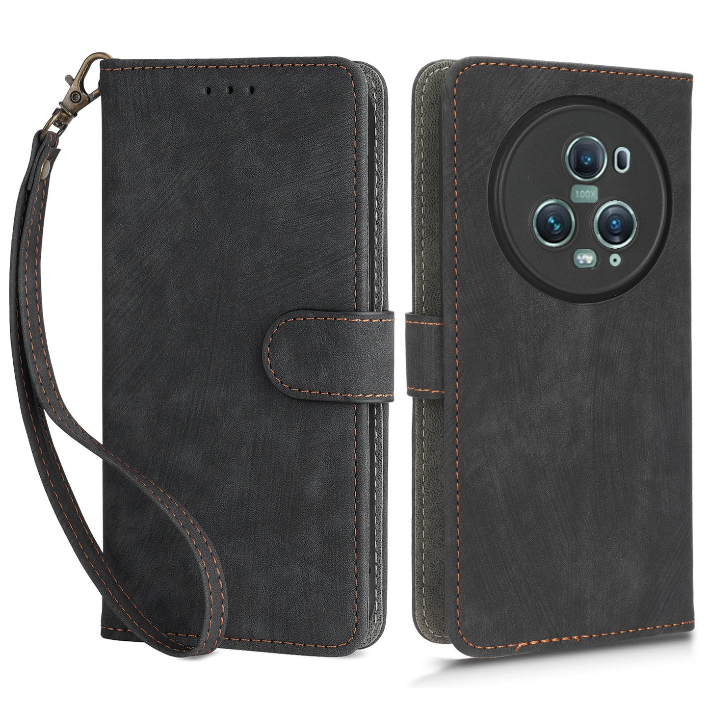 For Honor Magic5 Pro Phone Wallet Case RFID Blocking PU Leather Stand Phone Cover with Strap