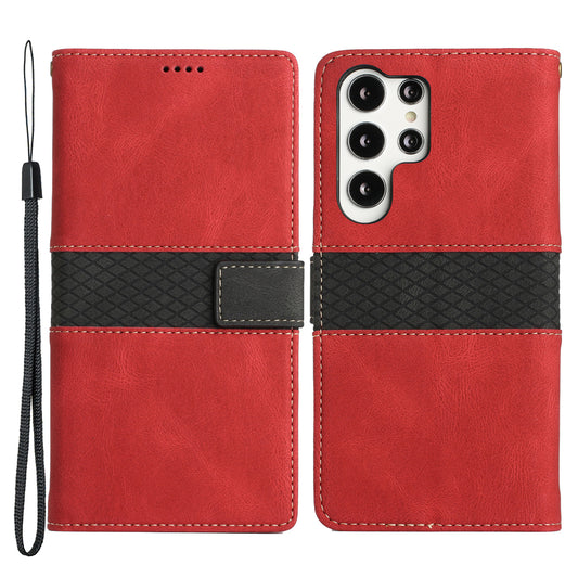 For Samsung Galaxy S23 Ultra Grid Splicing PU Leather Stand Case Magnetic Clasp Shockproof Phone Wallet Cover