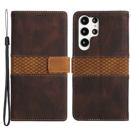 For Samsung Galaxy S23 Ultra Grid Splicing PU Leather Stand Case Magnetic Clasp Shockproof Phone Wallet Cover