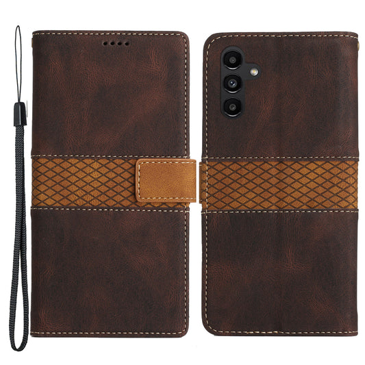 For Samsung Galaxy A14 5G Phone Stand Cover Grid Splicing Leather Magnetic Flip Wallet Phone Case with Strap