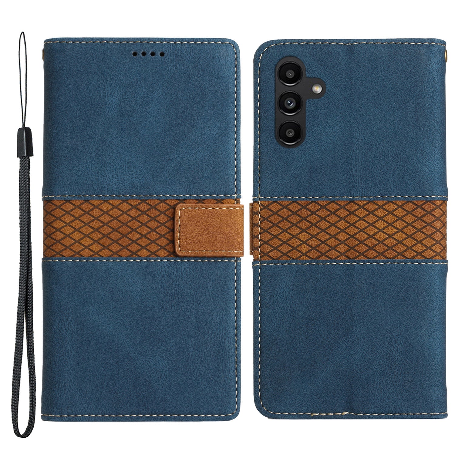 For Samsung Galaxy A14 5G Phone Stand Cover Grid Splicing Leather Magnetic Flip Wallet Phone Case with Strap