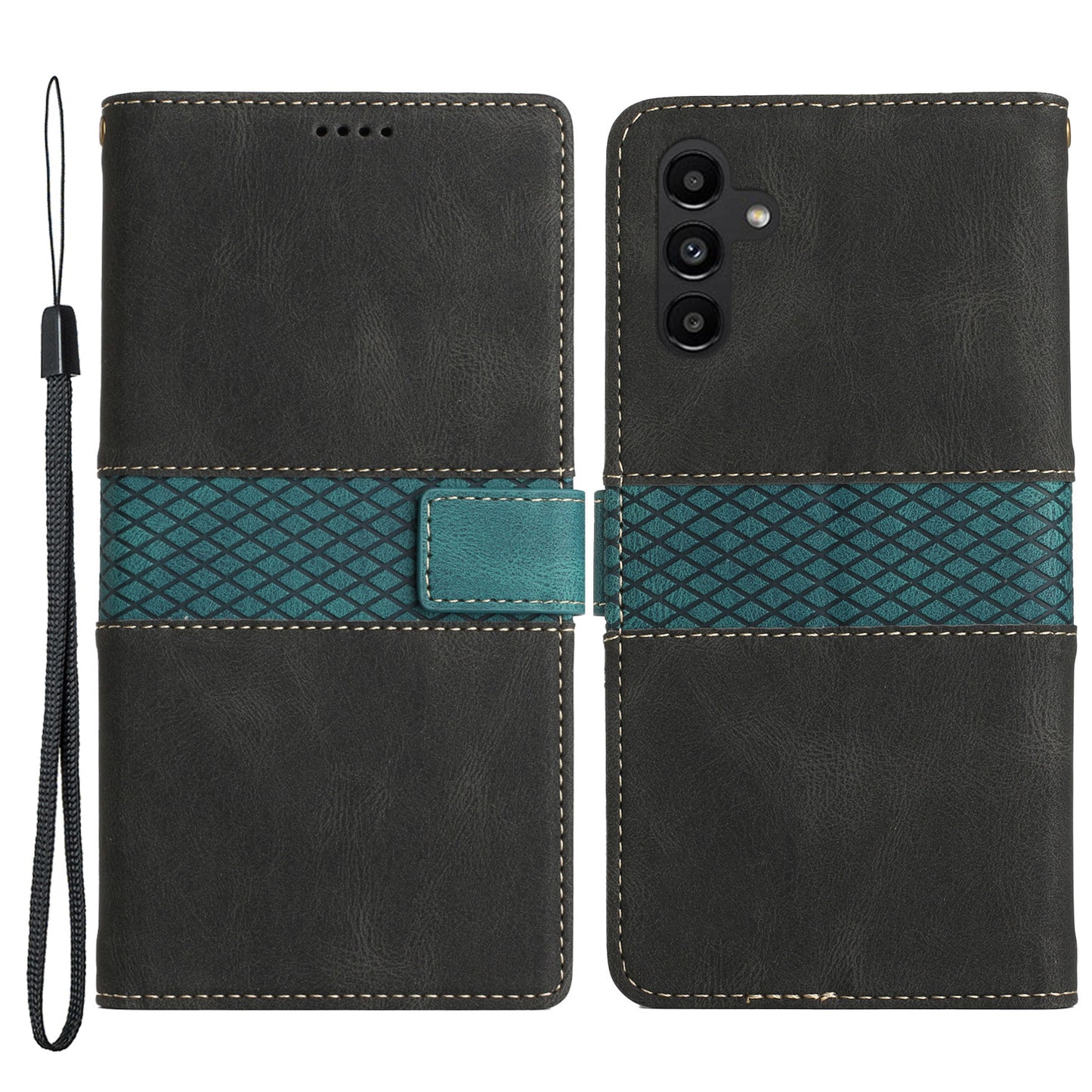 For Samsung Galaxy A14 5G Phone Stand Cover Grid Splicing Leather Magnetic Flip Wallet Phone Case with Strap