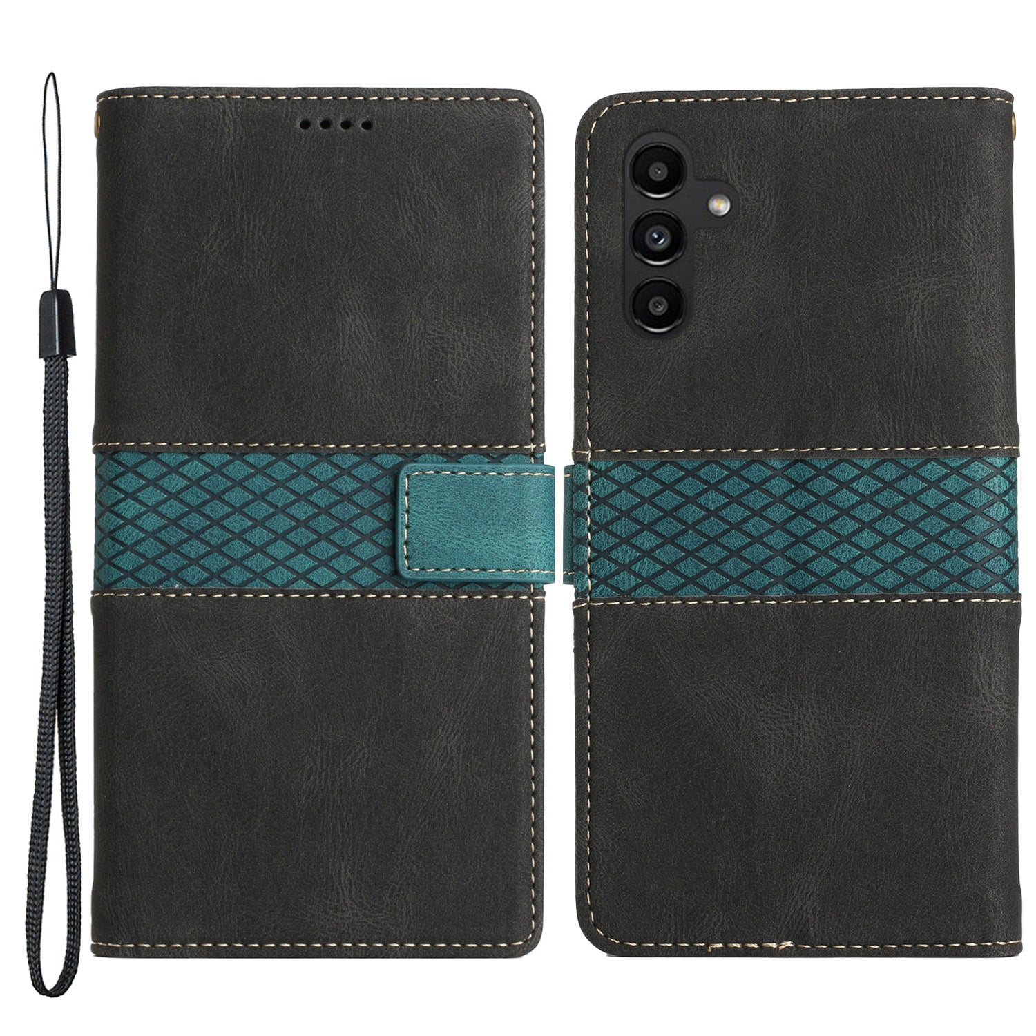 For Samsung Galaxy A14 5G Phone Stand Cover Grid Splicing Leather Magnetic Flip Wallet Phone Case with Strap