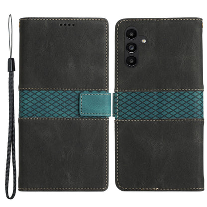 For Samsung Galaxy A14 5G Phone Stand Cover Grid Splicing Leather Magnetic Flip Wallet Phone Case with Strap