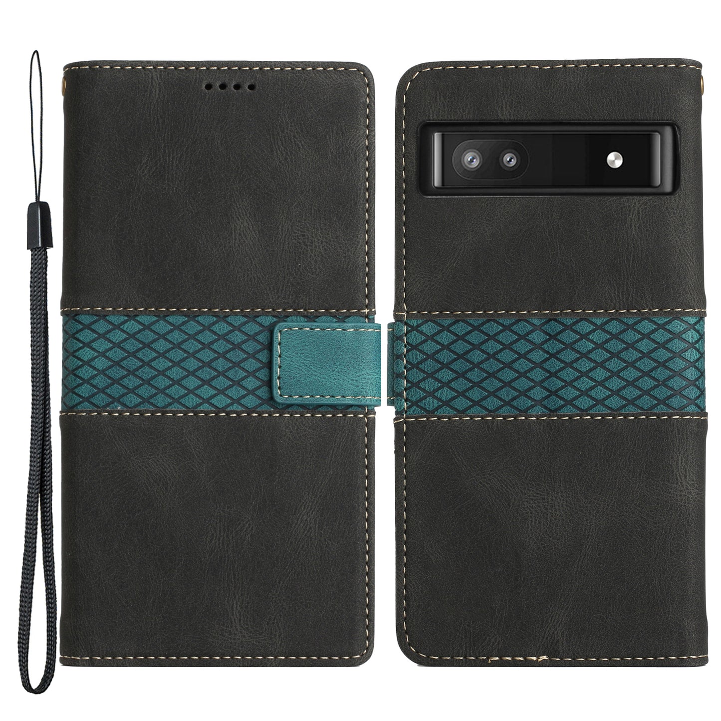Grid Splicing PU Leather Phone Case for Google Pixel 7a , Stand Wallet Phone Case with Strap