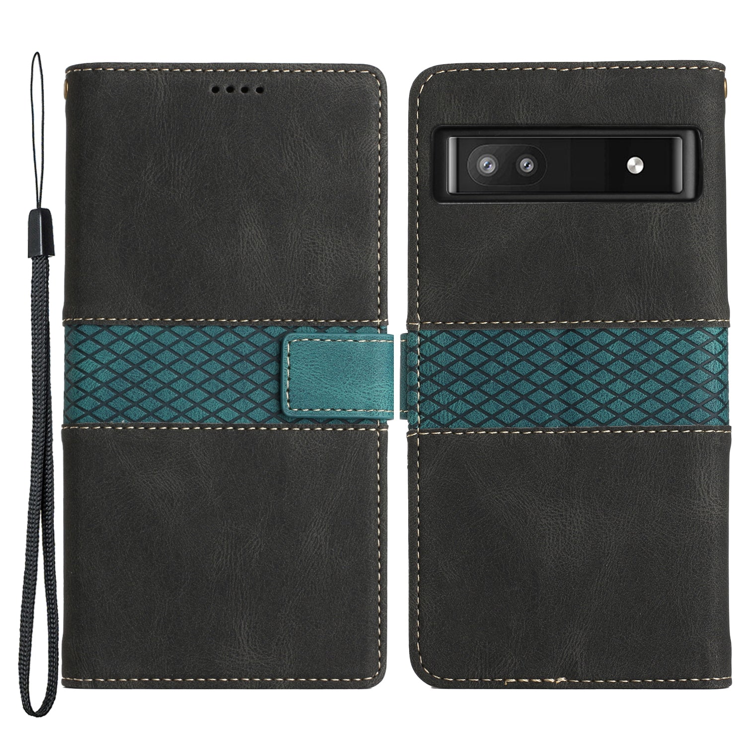 Grid Splicing PU Leather Phone Case for Google Pixel 7a , Stand Wallet Phone Case with Strap