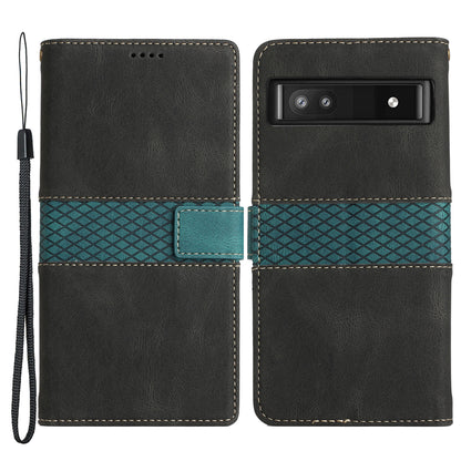 Grid Splicing PU Leather Phone Case for Google Pixel 7a , Stand Wallet Phone Case with Strap