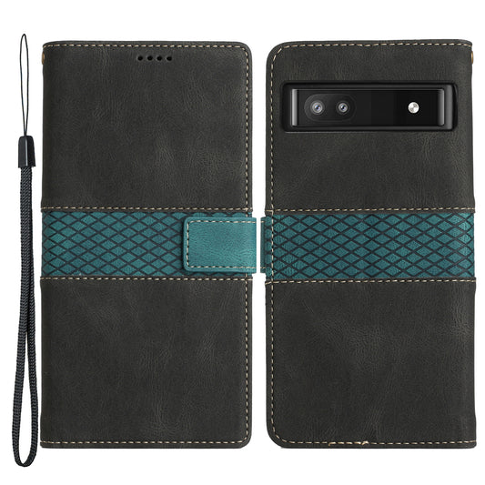 Grid Splicing PU Leather Phone Case for Google Pixel 7a , Stand Wallet Phone Case with Strap