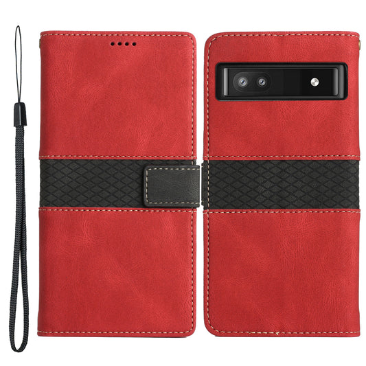 Grid Splicing PU Leather Phone Case for Google Pixel 7a , Stand Wallet Phone Case with Strap