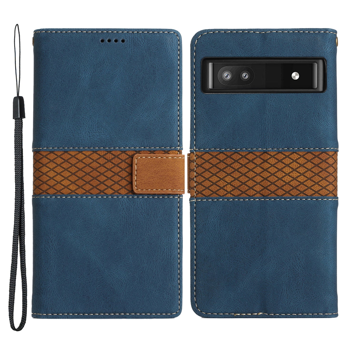 Grid Splicing PU Leather Phone Case for Google Pixel 7a , Stand Wallet Phone Case with Strap