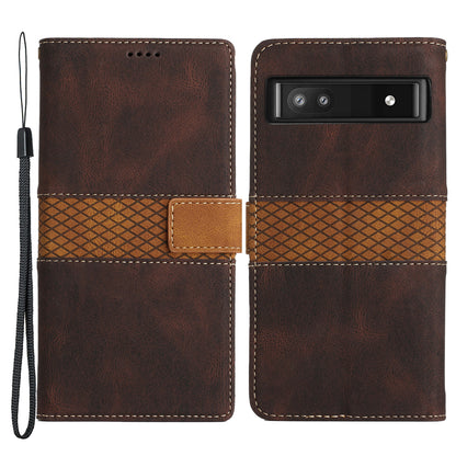Grid Splicing PU Leather Phone Case for Google Pixel 7a , Stand Wallet Phone Case with Strap