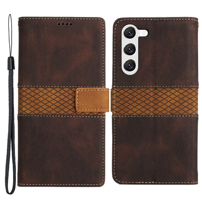 For Samsung Galaxy S23 Grid Splicing PU Leather Folio Stand Cover Magnetic Flip Wallet Phone Case with Strap