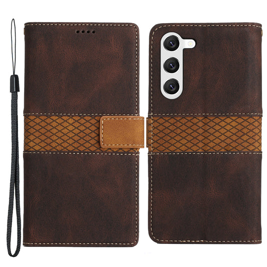 For Samsung Galaxy S23 Grid Splicing PU Leather Folio Stand Cover Magnetic Flip Wallet Phone Case with Strap