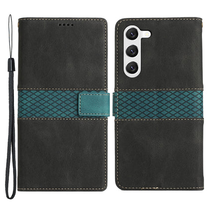 For Samsung Galaxy S23 Grid Splicing PU Leather Folio Stand Cover Magnetic Flip Wallet Phone Case with Strap