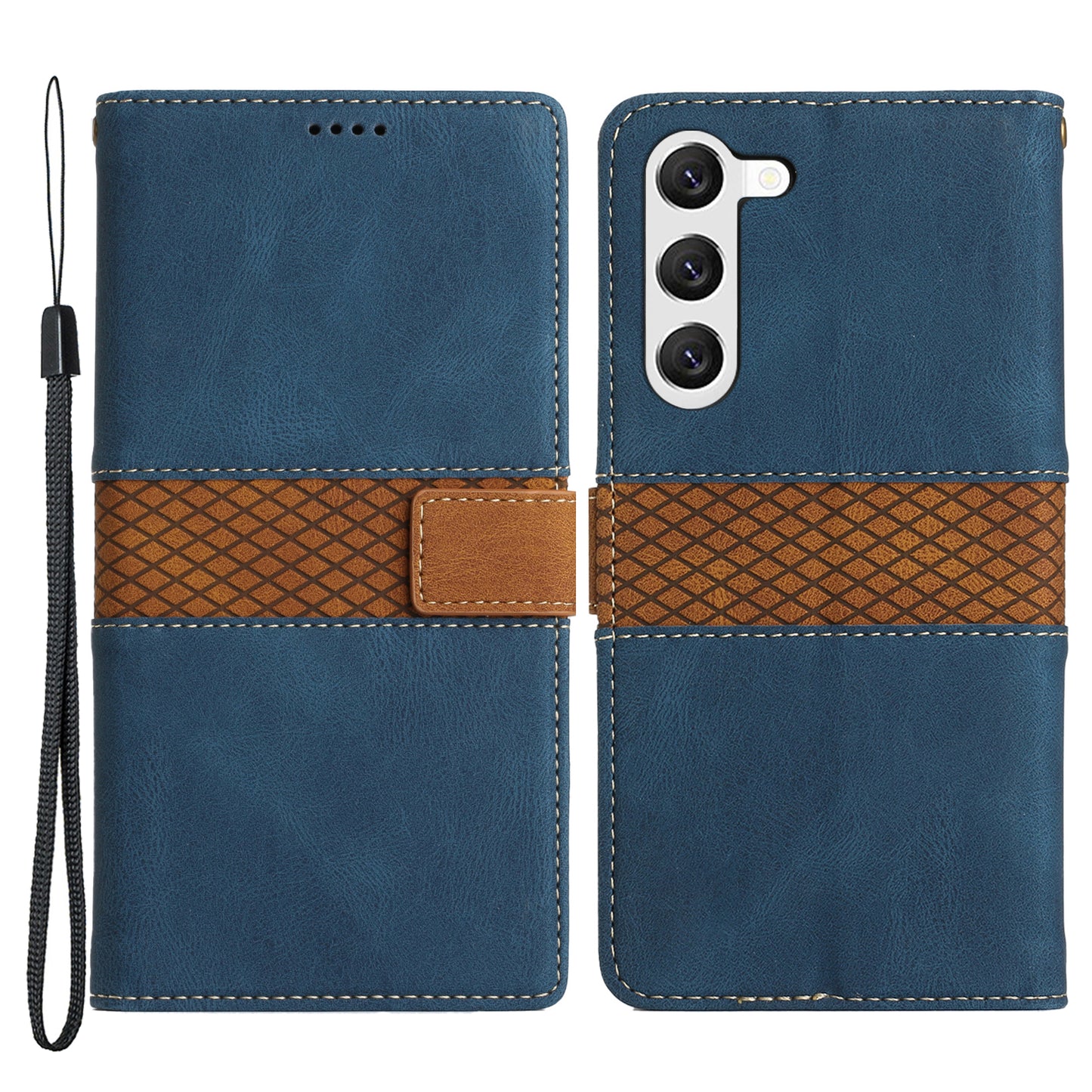 For Samsung Galaxy S23 Grid Splicing PU Leather Folio Stand Cover Magnetic Flip Wallet Phone Case with Strap