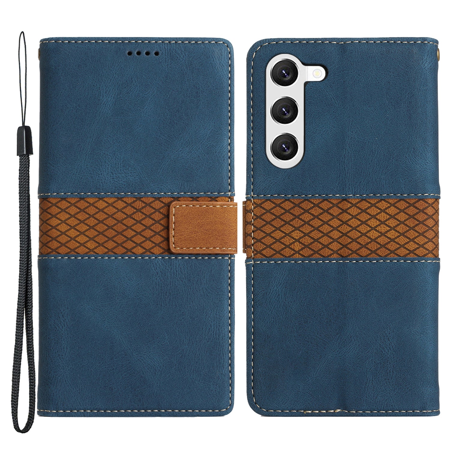 For Samsung Galaxy S23 Grid Splicing PU Leather Folio Stand Cover Magnetic Flip Wallet Phone Case with Strap