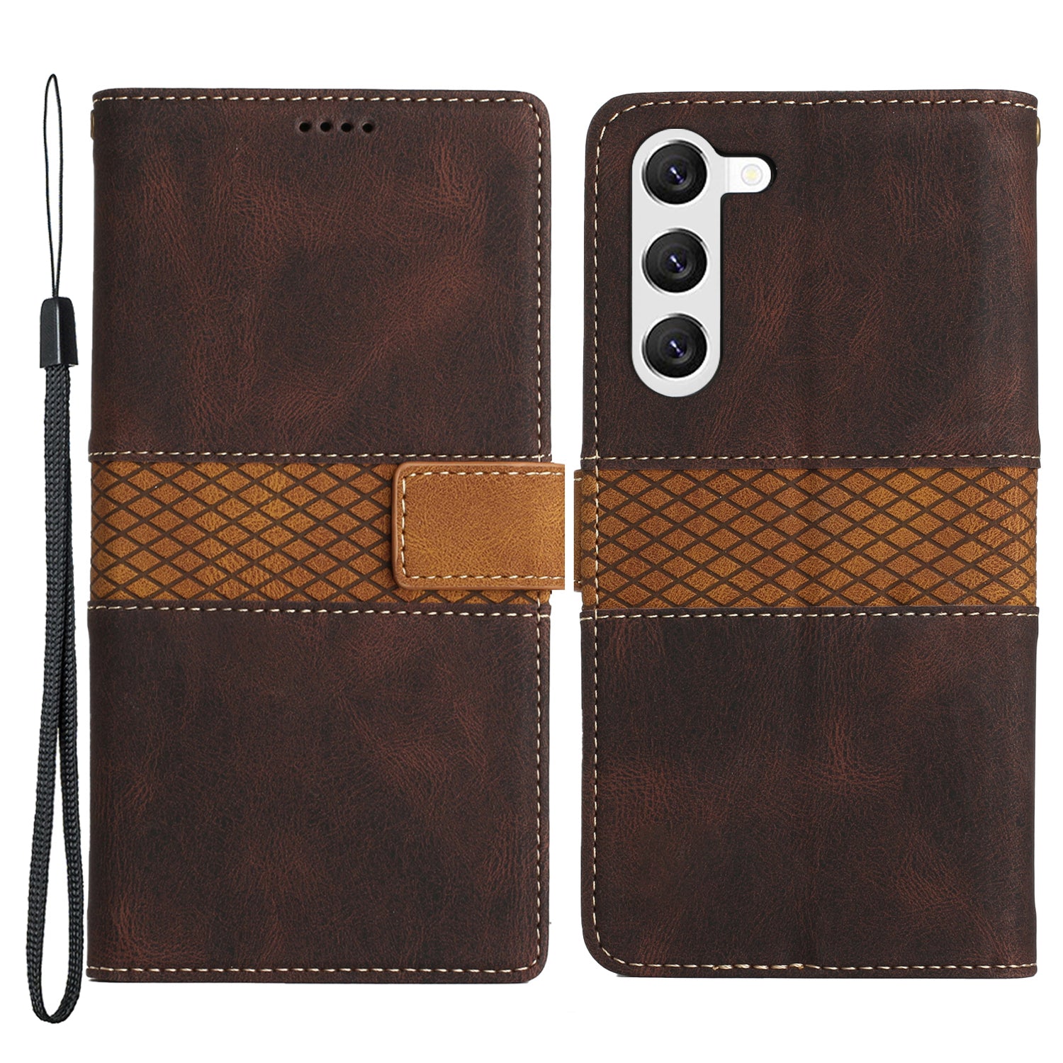 For Samsung Galaxy S23+ Leather Stand Case Magnetic Clasp Shockproof Wallet Grid Splicing Phone Cover