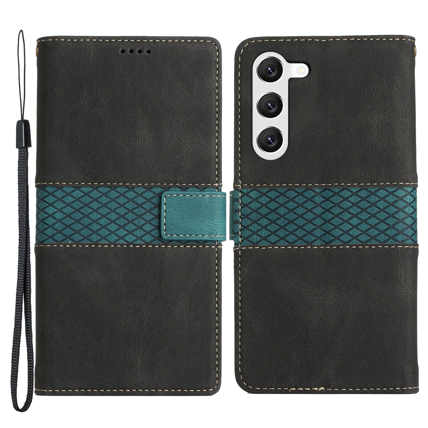 For Samsung Galaxy S23+ Leather Stand Case Magnetic Clasp Shockproof Wallet Grid Splicing Phone Cover