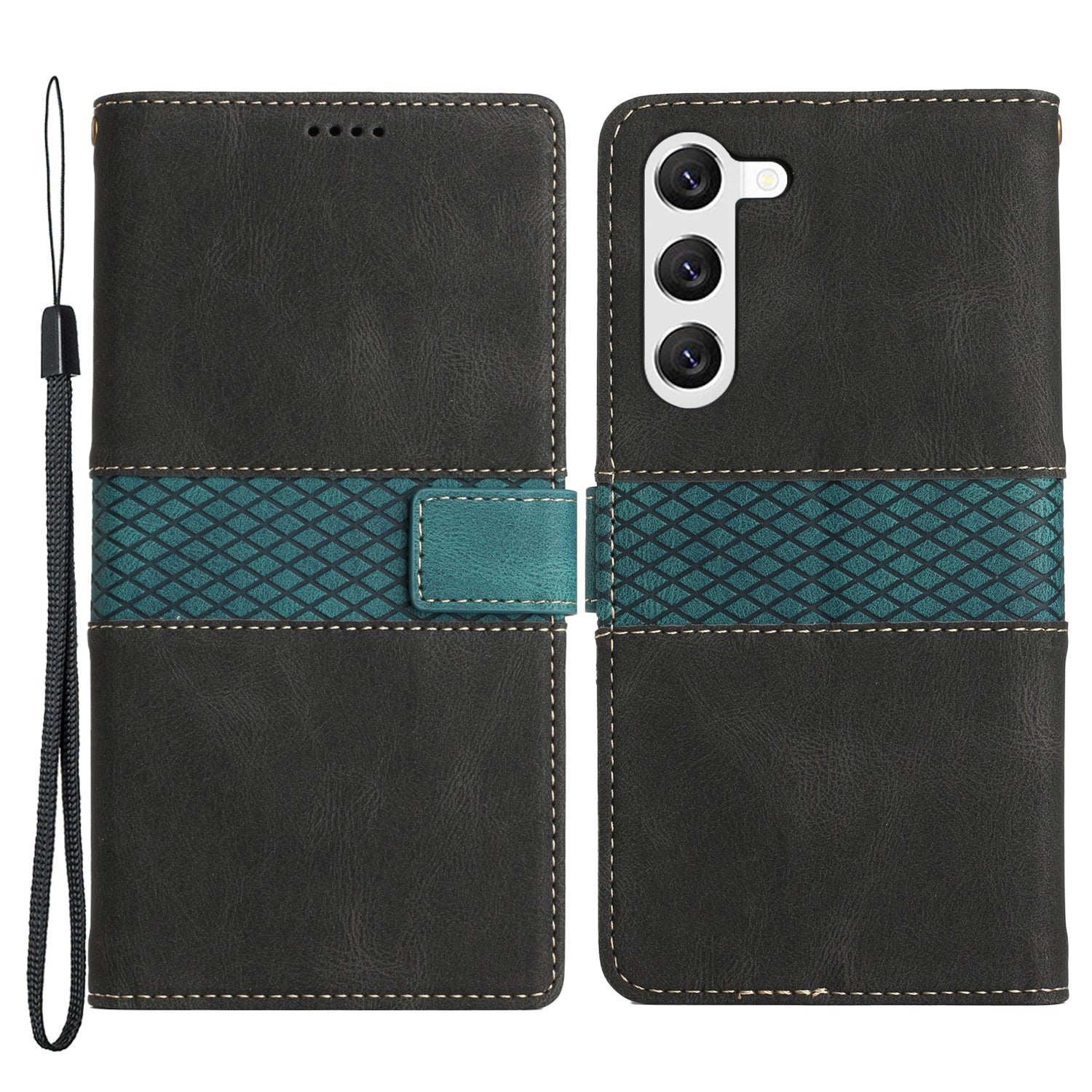 For Samsung Galaxy S23+ Leather Stand Case Magnetic Clasp Shockproof Wallet Grid Splicing Phone Cover