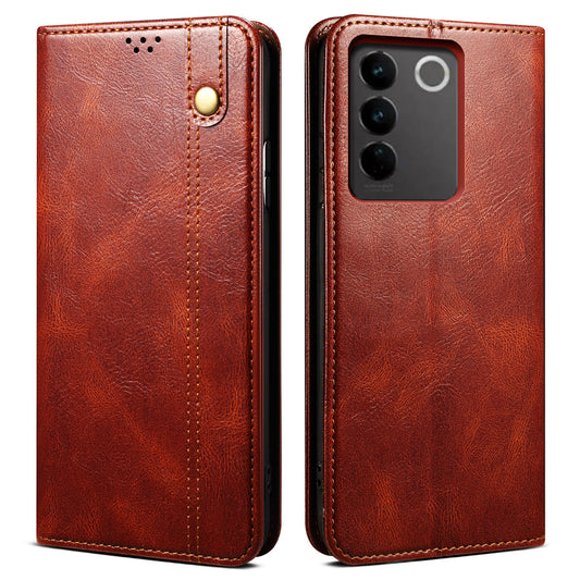 Waxy Crazy Horse Texture Phone Case for vivo V27 5G , Stand Wallet Leather Cell Phone Cover