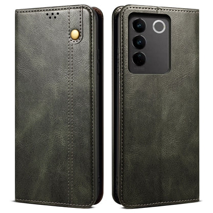 Waxy Crazy Horse Texture Phone Case for vivo V27 5G , Stand Wallet Leather Cell Phone Cover