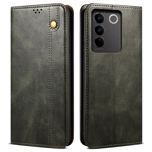Waxy Crazy Horse Texture Phone Case for vivo V27 5G , Stand Wallet Leather Cell Phone Cover