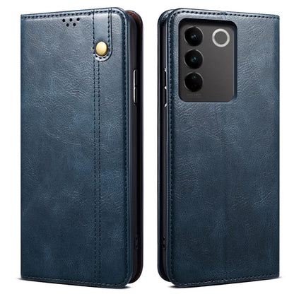 Waxy Crazy Horse Texture Phone Case for vivo V27 5G , Stand Wallet Leather Cell Phone Cover