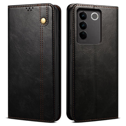 Waxy Crazy Horse Texture Phone Case for vivo V27 5G , Stand Wallet Leather Cell Phone Cover