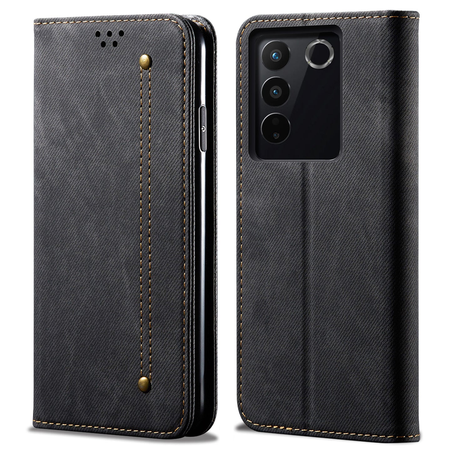 Jeans Cloth Texture Phone Case for vivo S16e 5G , PU Leather Wallet Stand Phone Cover