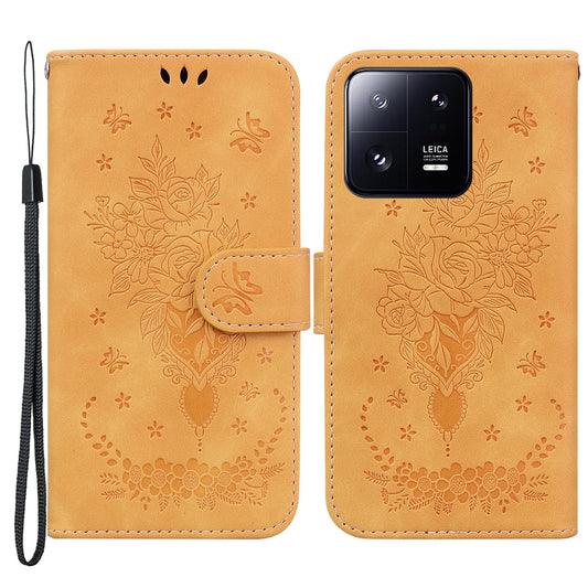 For Xiaomi 13 Pro 5G Leather Phone Case Stand Wallet Rose Butterfly Imprinted Cell Phone Cover
