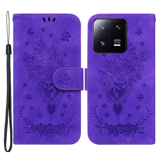 For Xiaomi 13 Pro 5G Leather Phone Case Stand Wallet Rose Butterfly Imprinted Cell Phone Cover