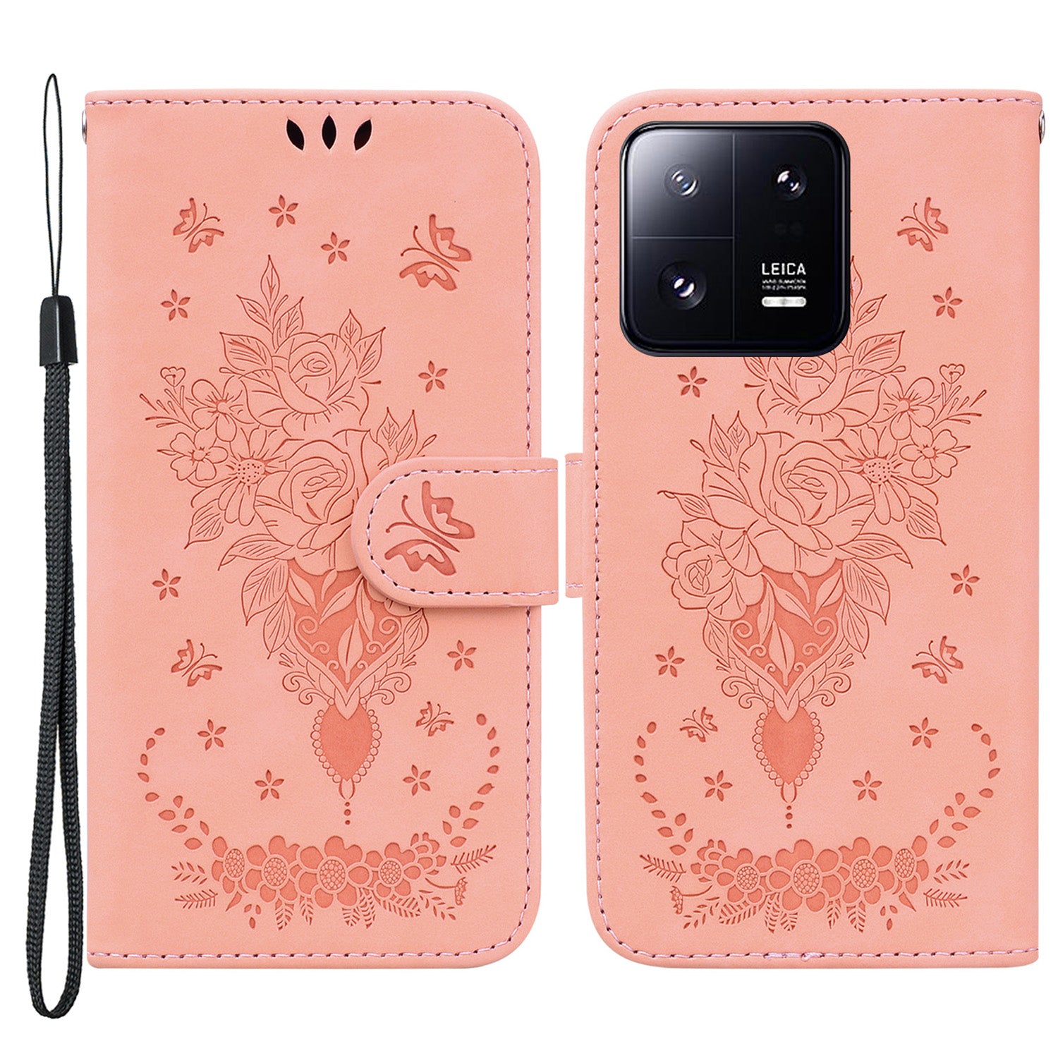 For Xiaomi 13 Pro 5G Leather Phone Case Stand Wallet Rose Butterfly Imprinted Cell Phone Cover