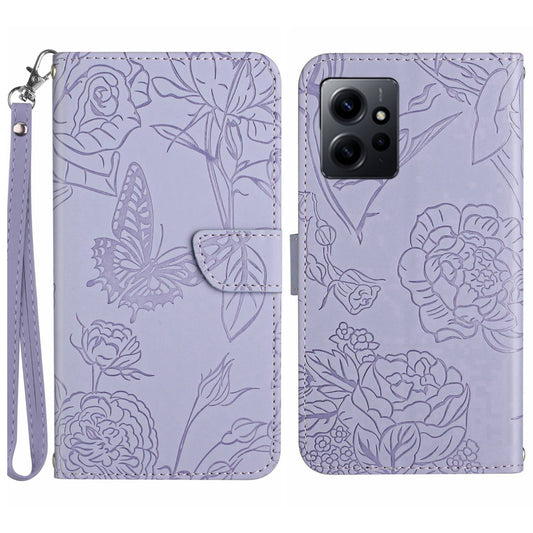 HT03 Wallet Phone Case For Xiaomi Redmi Note 12 4G Imprinted Skin-touch Leather Phone Stand Cover with Wrist Strap