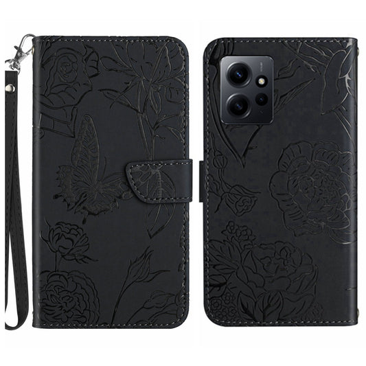 HT03 Wallet Phone Case For Xiaomi Redmi Note 12 4G Imprinted Skin-touch Leather Phone Stand Cover with Wrist Strap