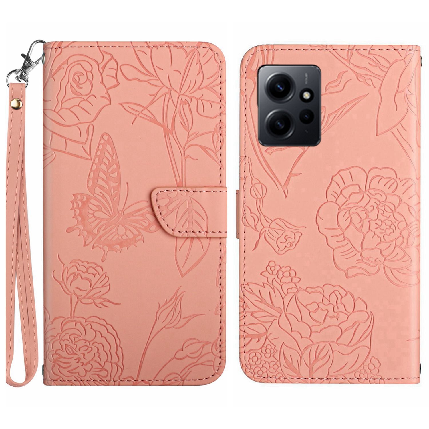 HT03 Wallet Phone Case For Xiaomi Redmi Note 12 4G Imprinted Skin-touch Leather Phone Stand Cover with Wrist Strap