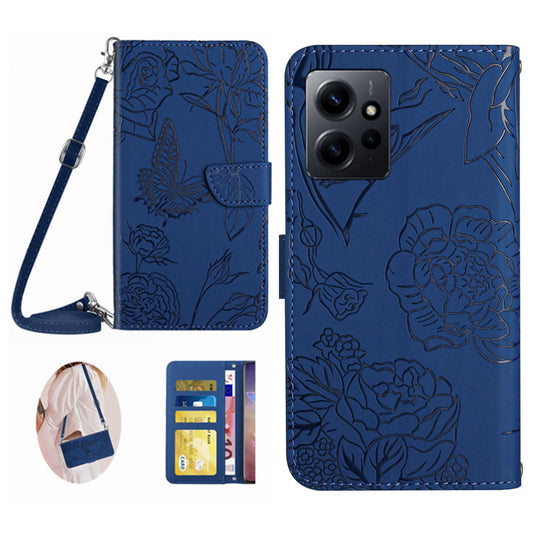HT03 For Xiaomi Redmi Note 12 4G Skin-touch Butterfly Flowers Imprinted Wallet Stand Case Leather Cover with Shoulder Strap
