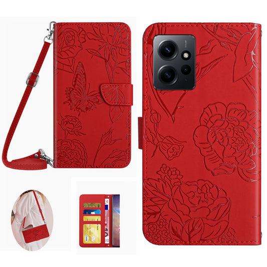 HT03 For Xiaomi Redmi Note 12 4G Skin-touch Butterfly Flowers Imprinted Wallet Stand Case Leather Cover with Shoulder Strap