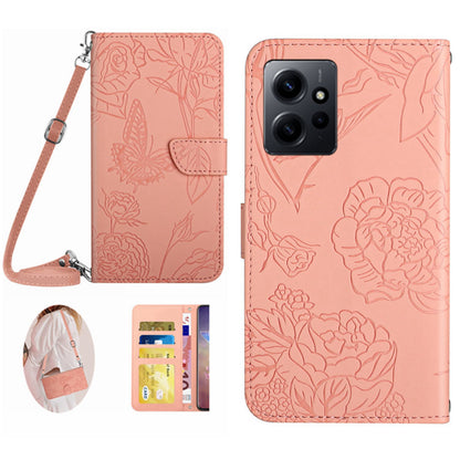 HT03 For Xiaomi Redmi Note 12 4G Skin-touch Butterfly Flowers Imprinted Wallet Stand Case Leather Cover with Shoulder Strap